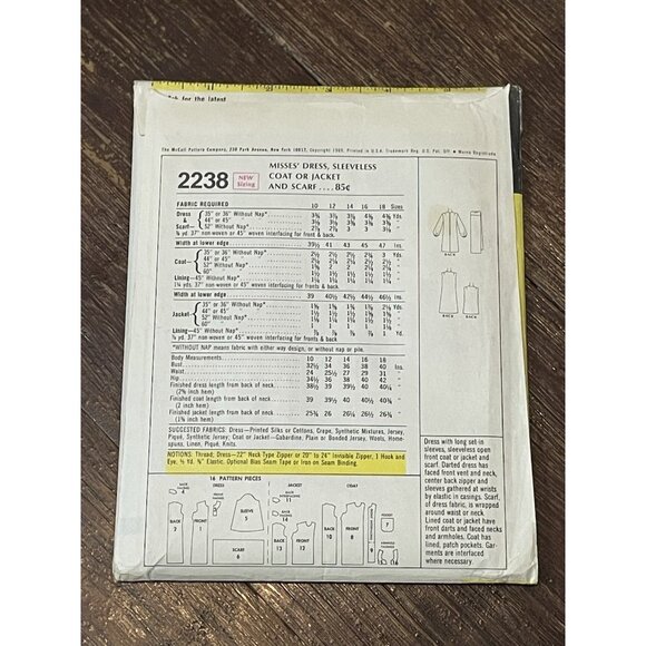 McCall's 2238 Pattern Vintage 1960s Misses Dress SL Coat Scarf Size 12 UNCUT - Picture 2 of 4